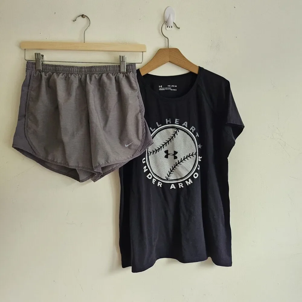 Under Armour Black Baseball Cotton Tee & Nike Dri-Fit Shorts Set – Youth XL